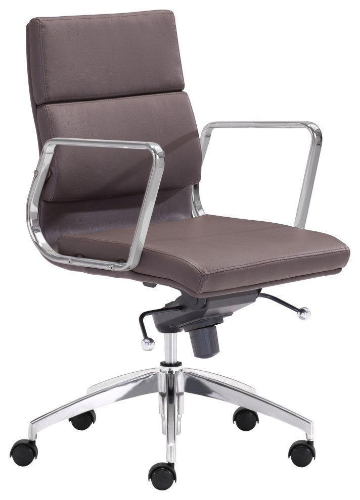 Chrome and Brown Faux Leather Leather Low Back Office Chair