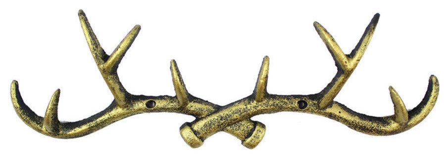 Rustic Gold Cast Iron Antler Wall Hooks 15"