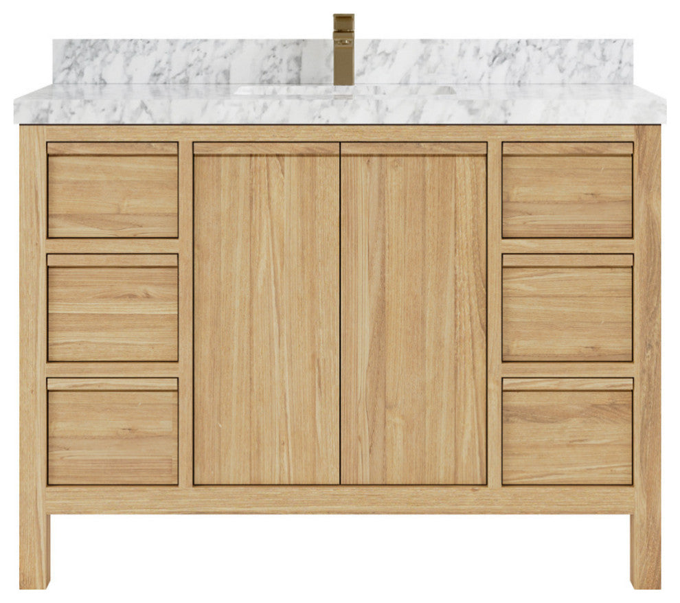 Elizabeth 48 Single Sink Bath Vanity in Light Natural Teak 2" Carrara Marble