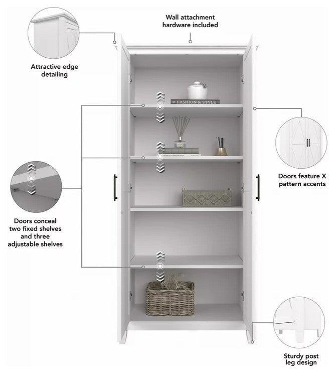 Farmhouse Pantry Cabinet, X-Shape Design With Adjustable Shelves, Pure White Oak