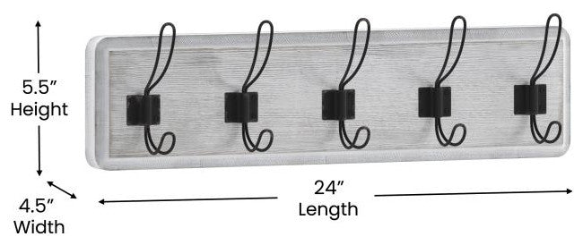 24 Inch Wall Mounted Solid Wood Storage Rack with 5 Hanging Hooks, White Wash
