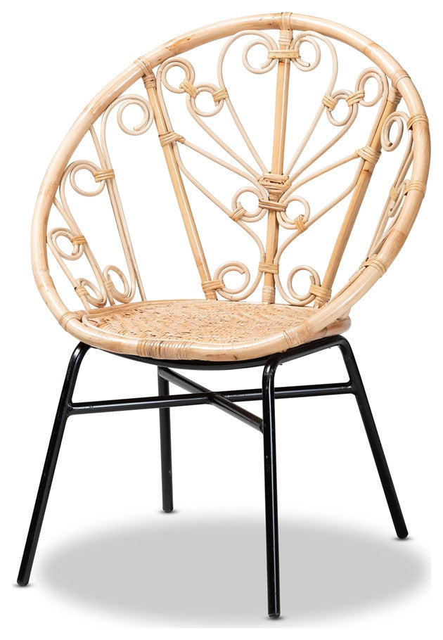 Modern Bohemian Natural Brown Rattan and Black Metal Chair, Curled Accents