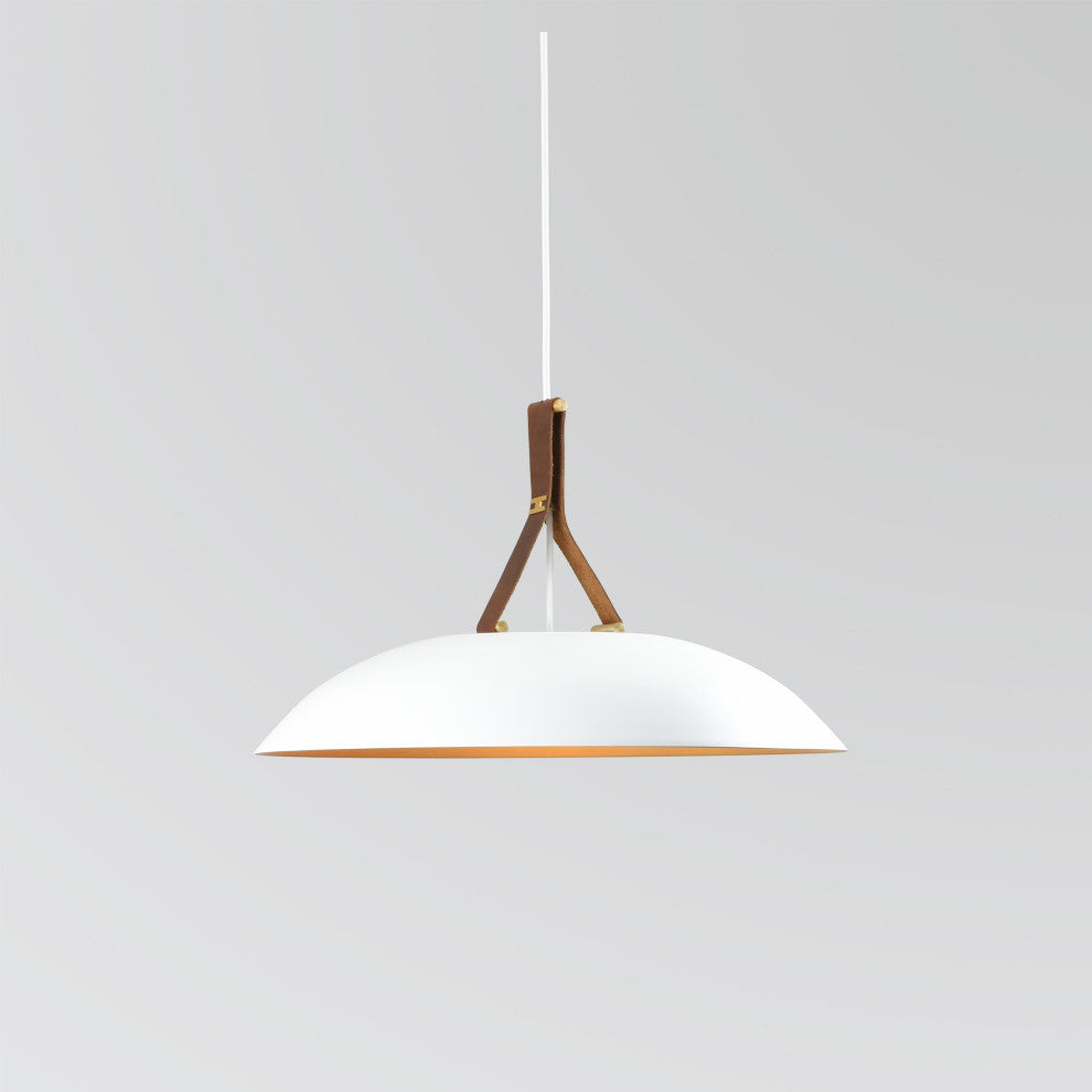 Volo LED Pendant, Cava - White Shade/Brushed Brass/Brown Leather/Walnut, 4000K