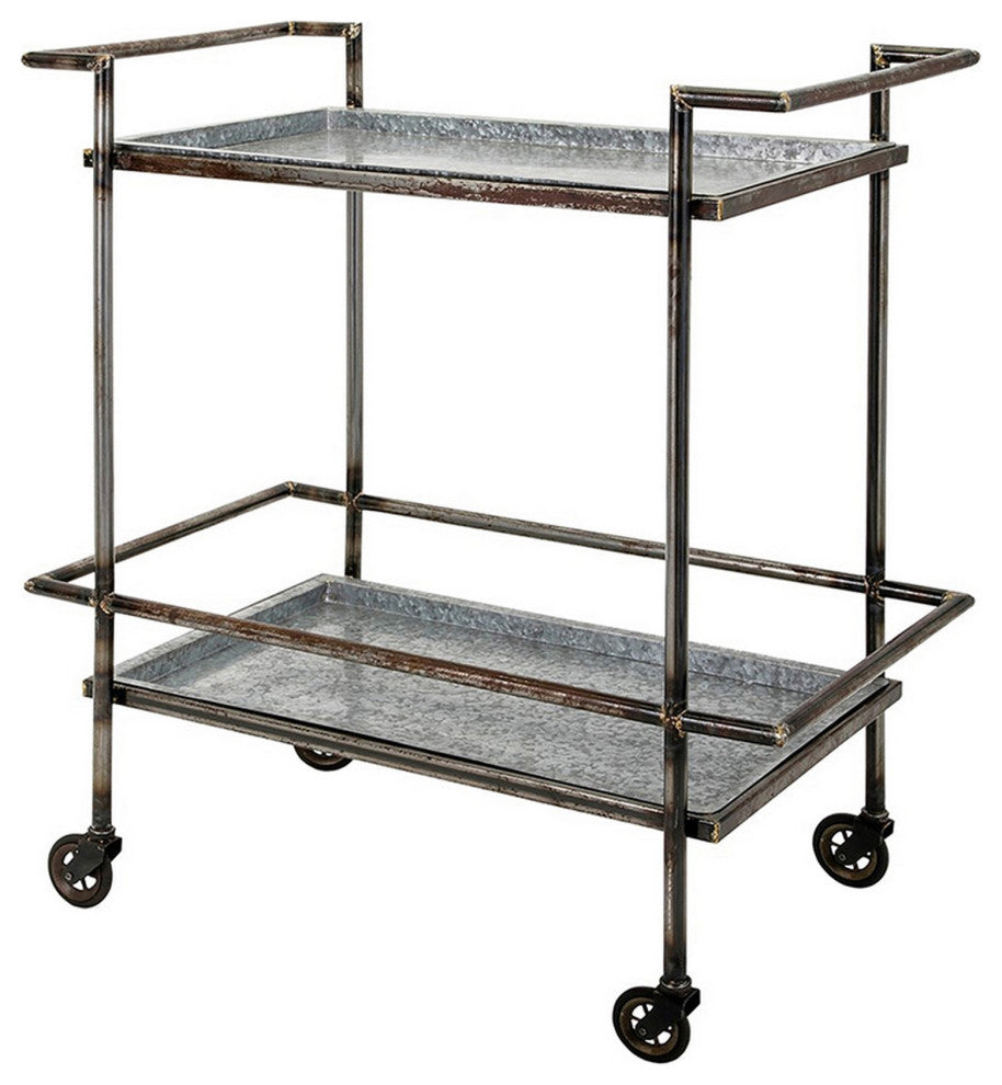 Benzara BM285029 2 Tier Bar Cart, Industrial Style, Caster Wheels, Rustic Bronze