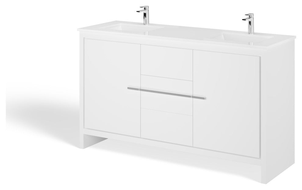 Esconde Bath Vanity, High Gloss White, 60", Double Sink, Freestanding