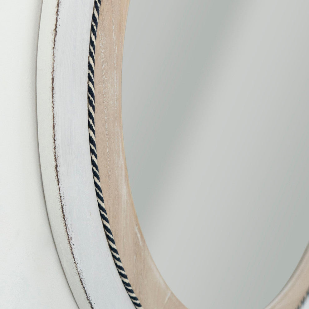 Rustic Whitewashed and Neutral Wood Framed Round Wall Mirror With Inlaid Rope