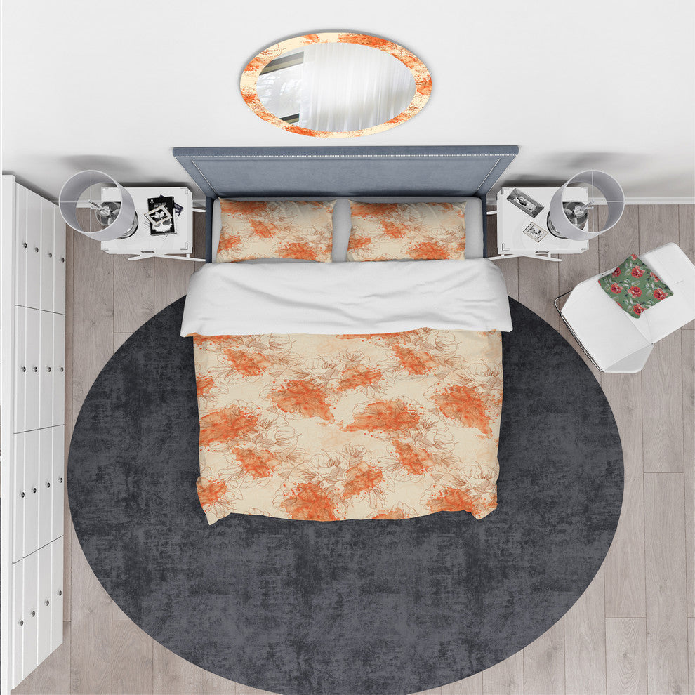 Handdrawn Asian Flowers With Orange Floral Duvet Cover, Queen