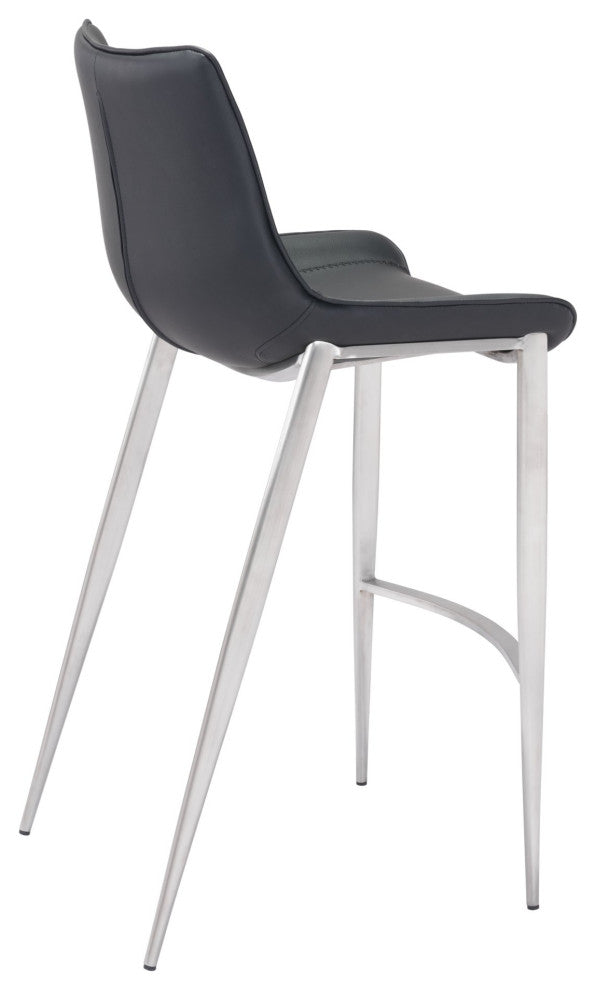 Bar Stool Chair Barstool, Set of 2, Faux Vinyl Leather, Steel, Black, Silver