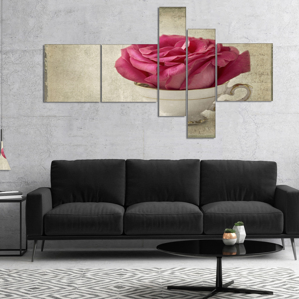 Red Rose in Cup Photography, Floral Canvas Art Print, 60"x32", 5 panels
