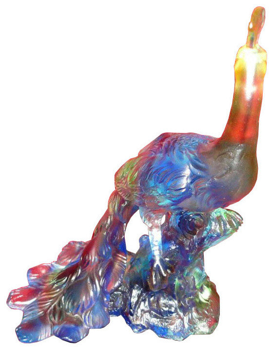 Chinese Crystal Glass Pate-de-verre Liuli Mix Color Peacock Figure