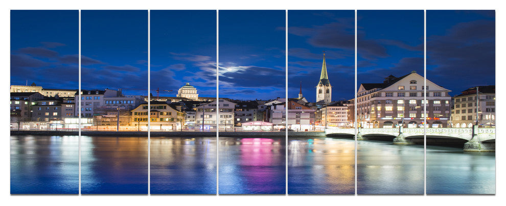 Scenic Panorama of Old Town, Landscape Canvas Art Print, 83"x32", 7 Panels