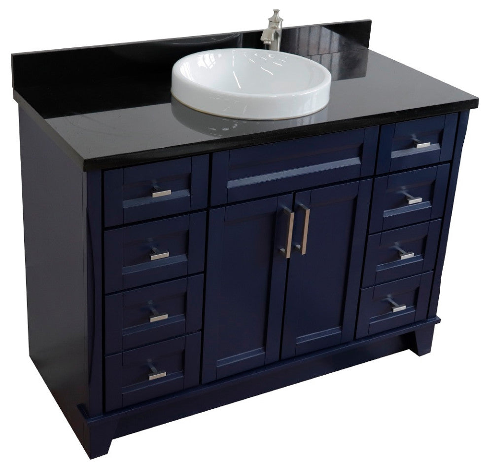 49" Single Sink Vanity, Blue Finish With Black Galaxy Granite And Round Sink