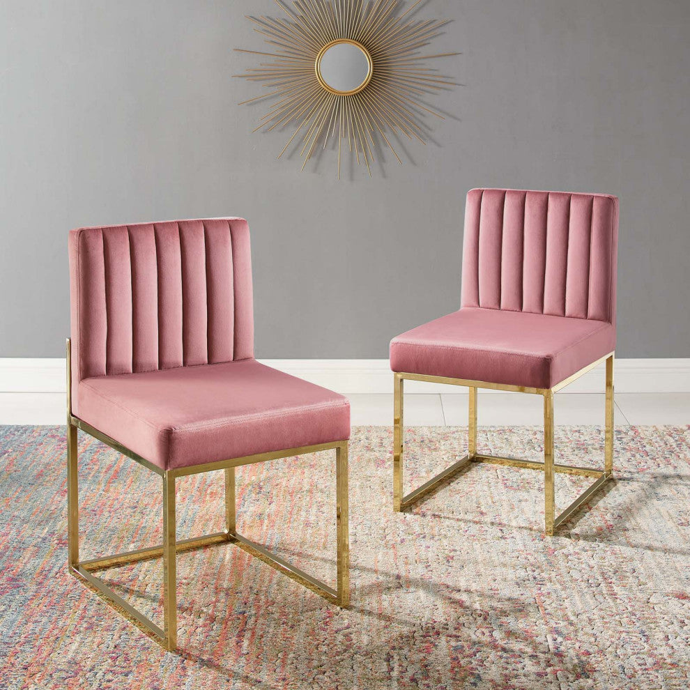 Side Dining Chair, Set of 2, Velvet, Metal, Gold Pink, Modern, Bistro Restaurant