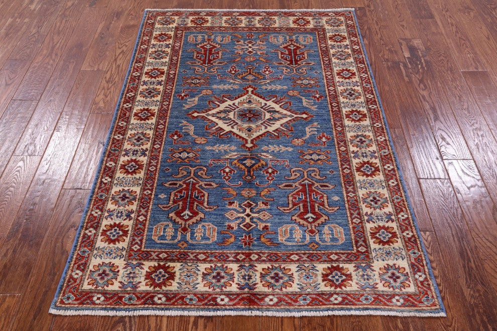 Super Kazak Geometric Handmade Wool Rug 4' 0" X 5' 11" Q10629