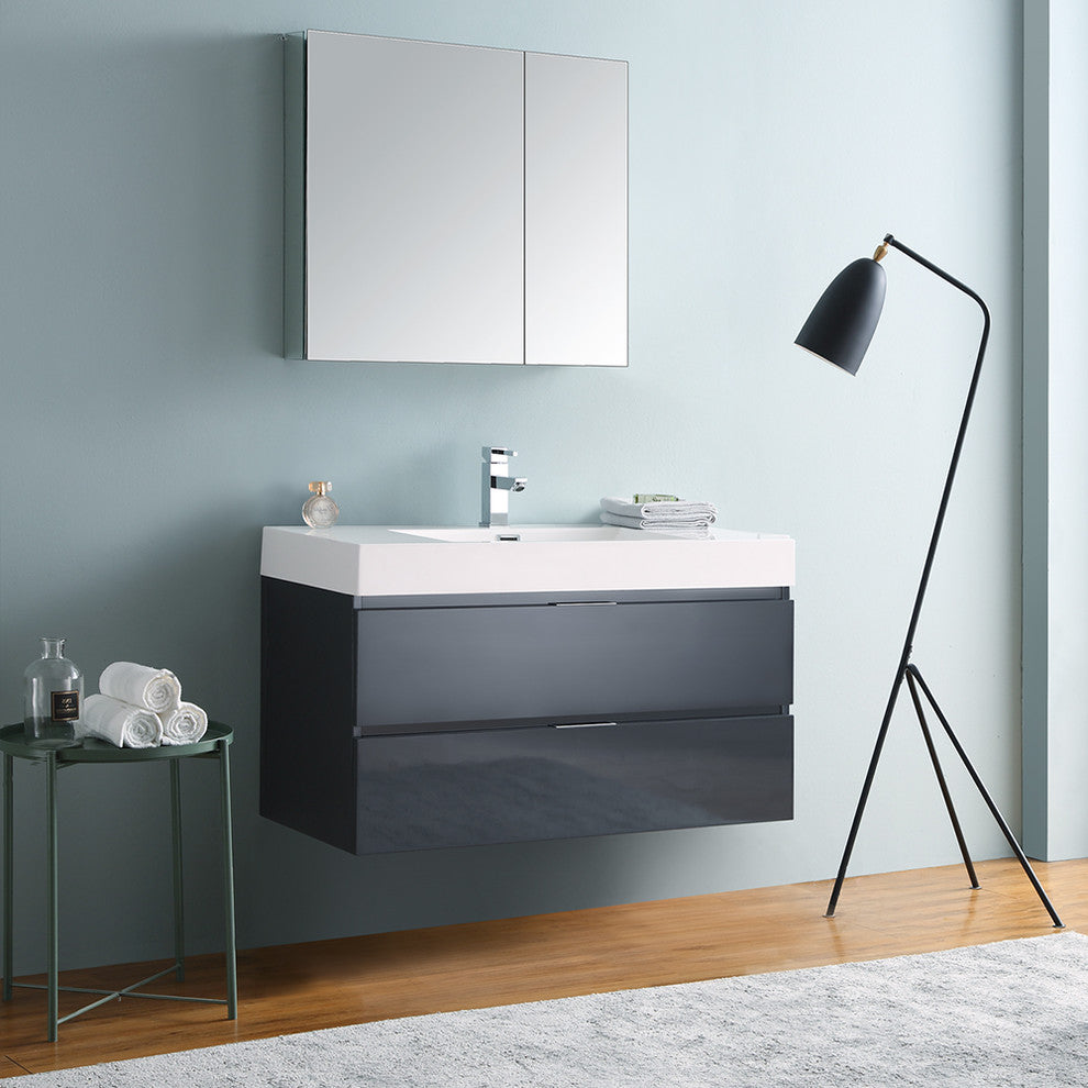 Valencia 40" Dark Slate Gray Wall Hung Bathroom Vanity, Medicine Cabinet