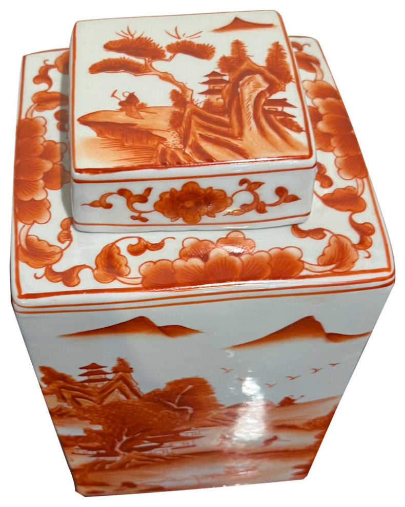 Red Orange Porcelain Scenery Chinese Tea Jar