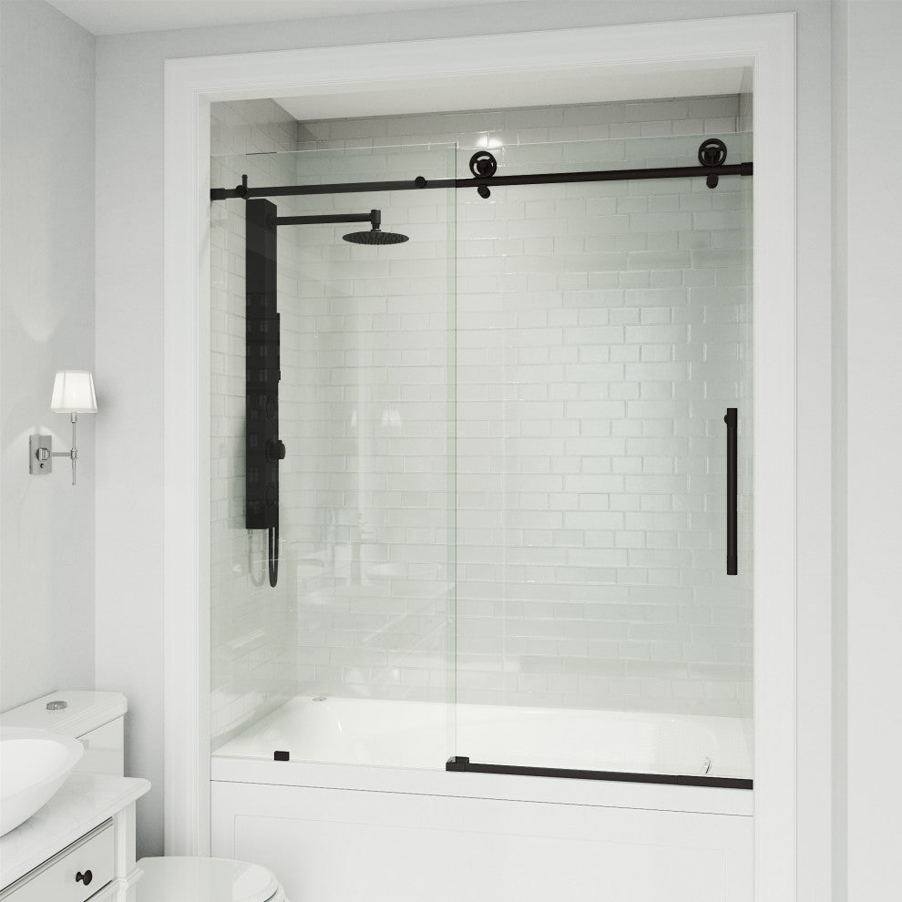 VIGO Elan Cass Aerodynamic 56" to 60" W x 66" H Frameless Sliding Tub Door, Matte Black, Clear Glass