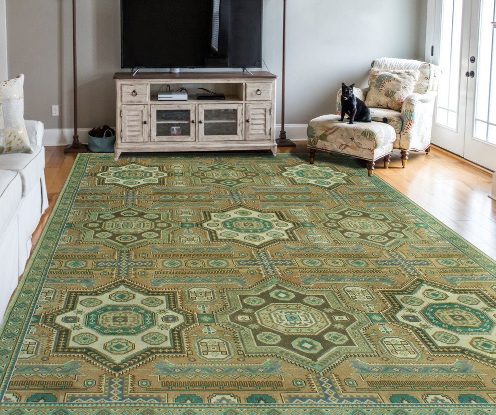Fine Vintage Distressed Alvis Beige/Light Green Rug, 7'0x10'0