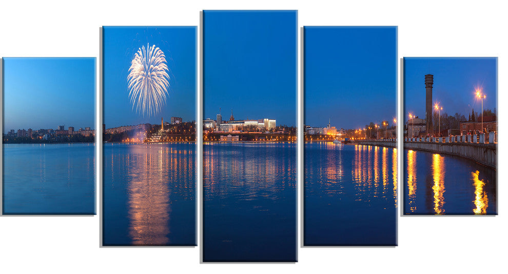 Embankment of City Panorama, Large Cityscape Canvas Art Print, 60"x32", 5 Panels