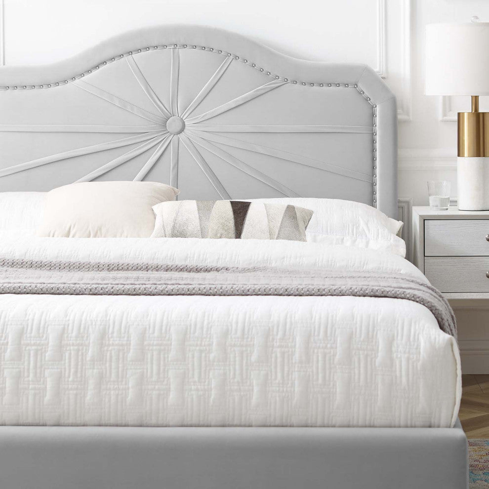 Platform Bed Frame, King Size, Velvet, Light Gray, Modern Contemporary