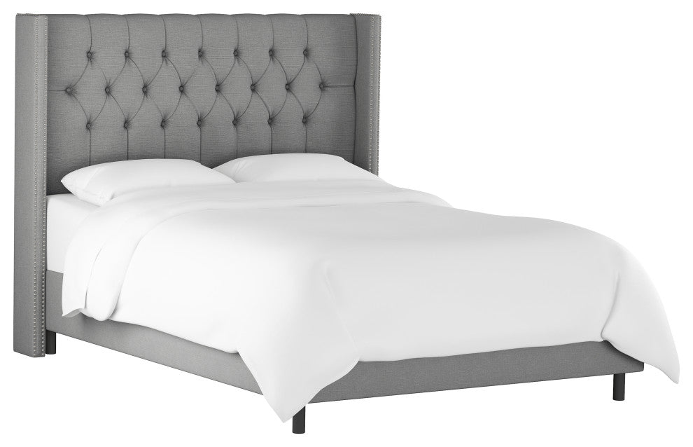 Monarch Twin Diamond Wingback Nail Button Bed, Linen Gray