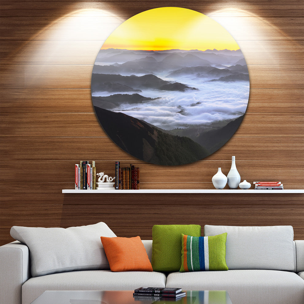 Yellow Sky And Foggy Mountains, Landscape Round Wall Art, 23"