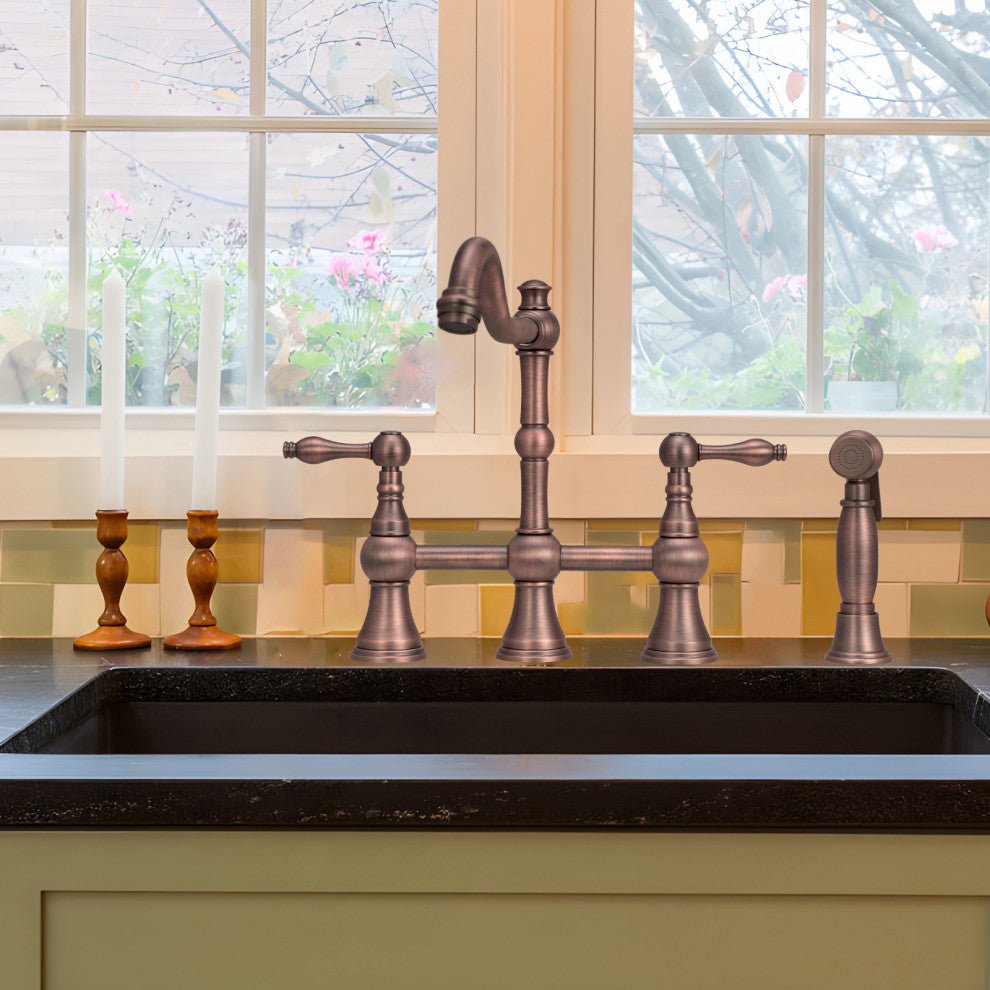 Two-Handles Copper Bridge Kitchen Faucet with Side Sprayer, American Bronze
