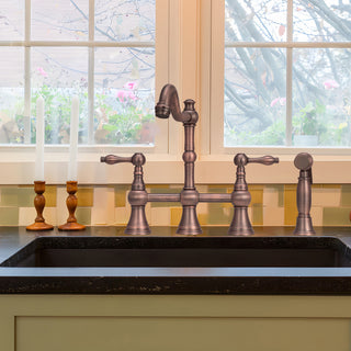 Two-Handles Copper Bridge Kitchen Faucet with Side Sprayer, American Bronze