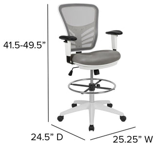 Mesh Drafting Chair With Adjustable Foot Ring and Arms, Light Gray Mesh/White Fr
