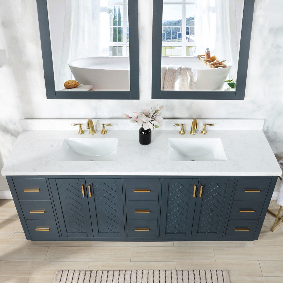 Gazsi Charcoal Blue Bathroom Vanity Set, 84", With Mirror
