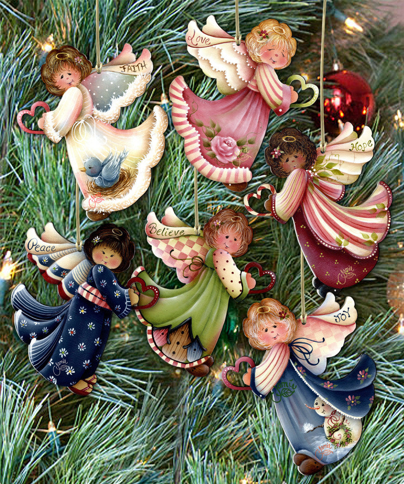 Loving Angels Wooden Ornaments, Set of 6