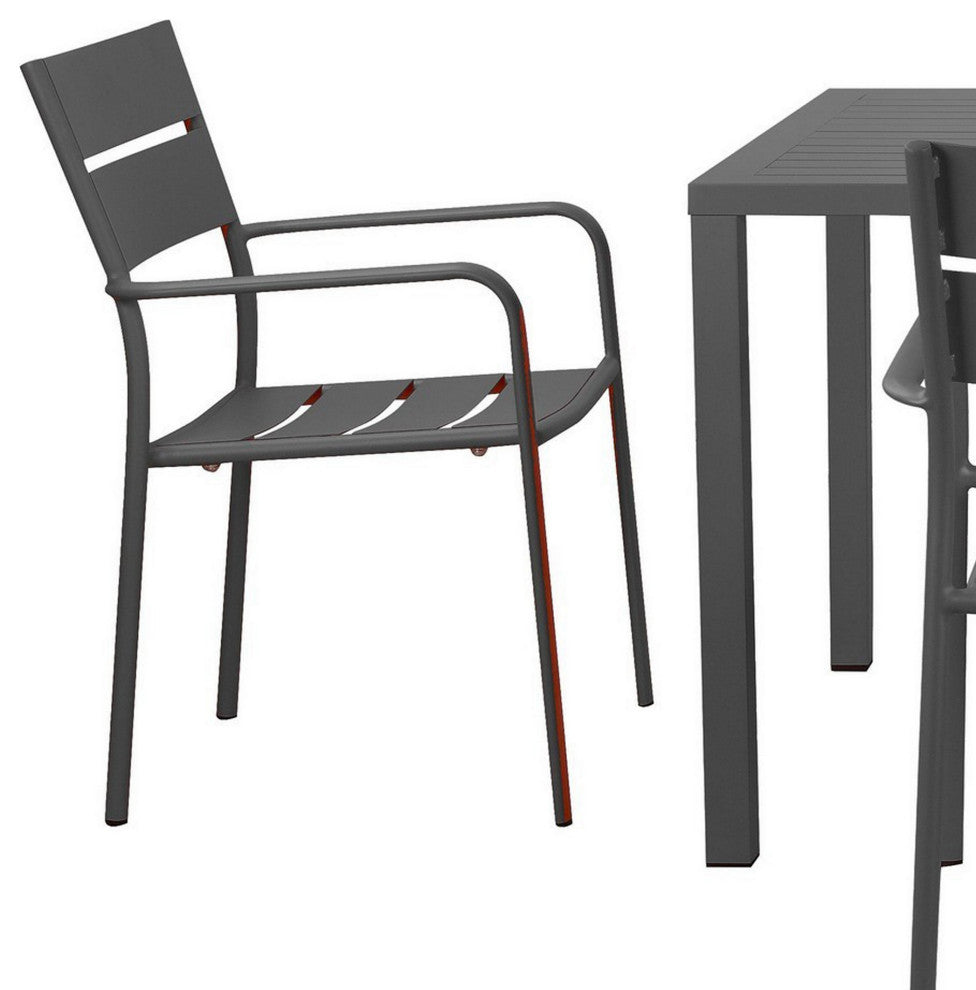 Benzara BM287804 Outdoor Dining Table, Chairs Set, Gray, Plank Seats and Backs