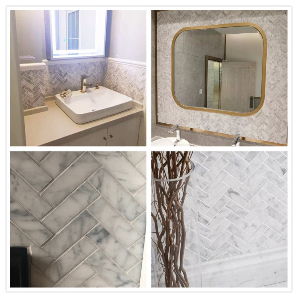 Herringbone Mosaic White Carrara Venato Carrera Marble Tile Honed 1x3, 1 sheet