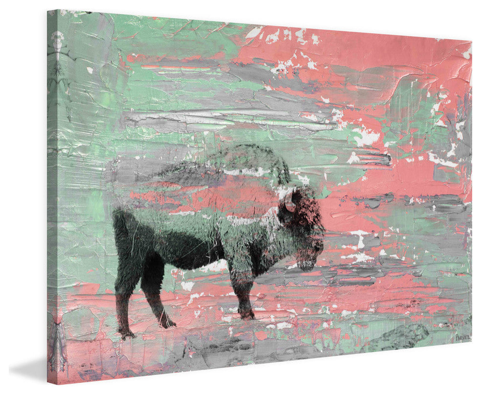 "Green Paint Buffalo" Painting Print on Wrapped Canvas, 24"x16"