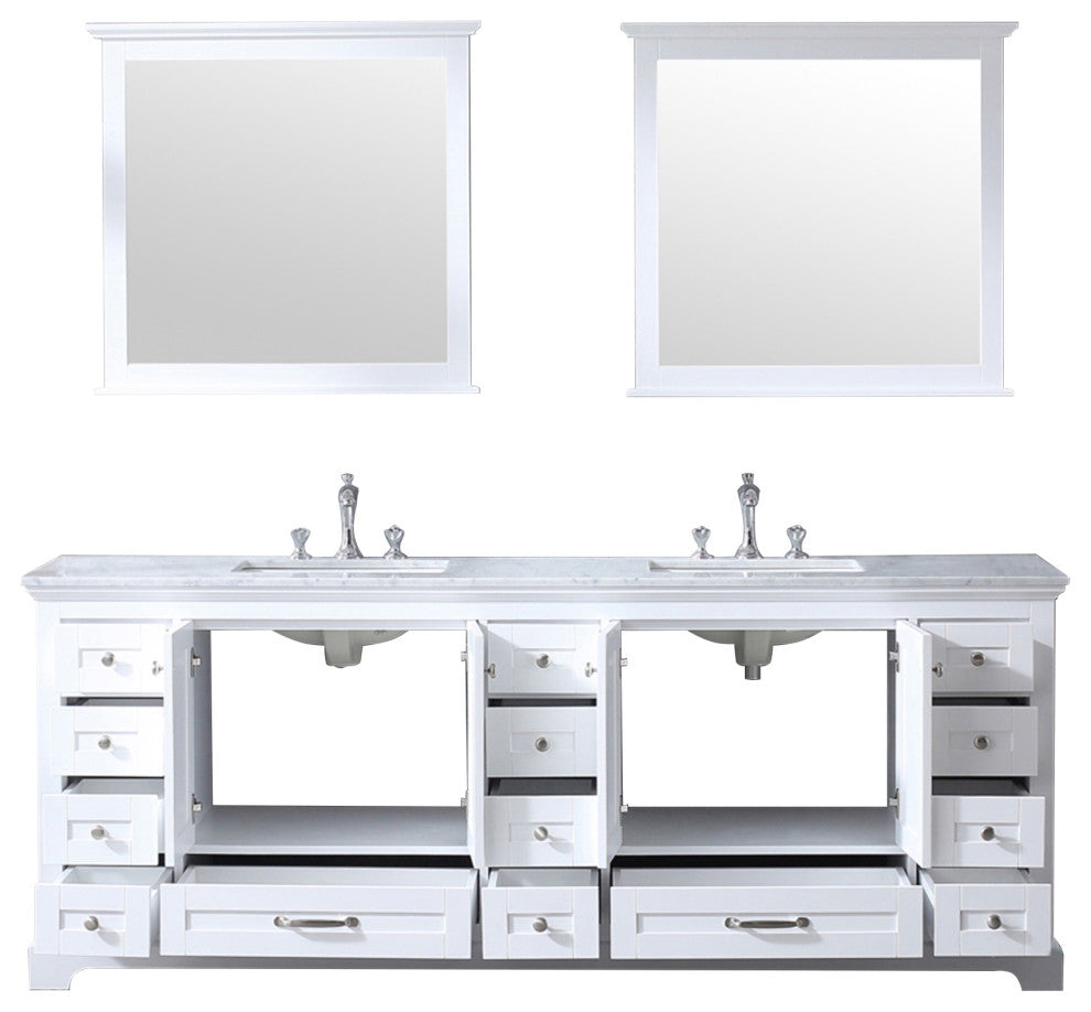 Dukes 84" Double Vanity, Carrara Marble Top, Square Sinks, 34" Mirrors & Faucets