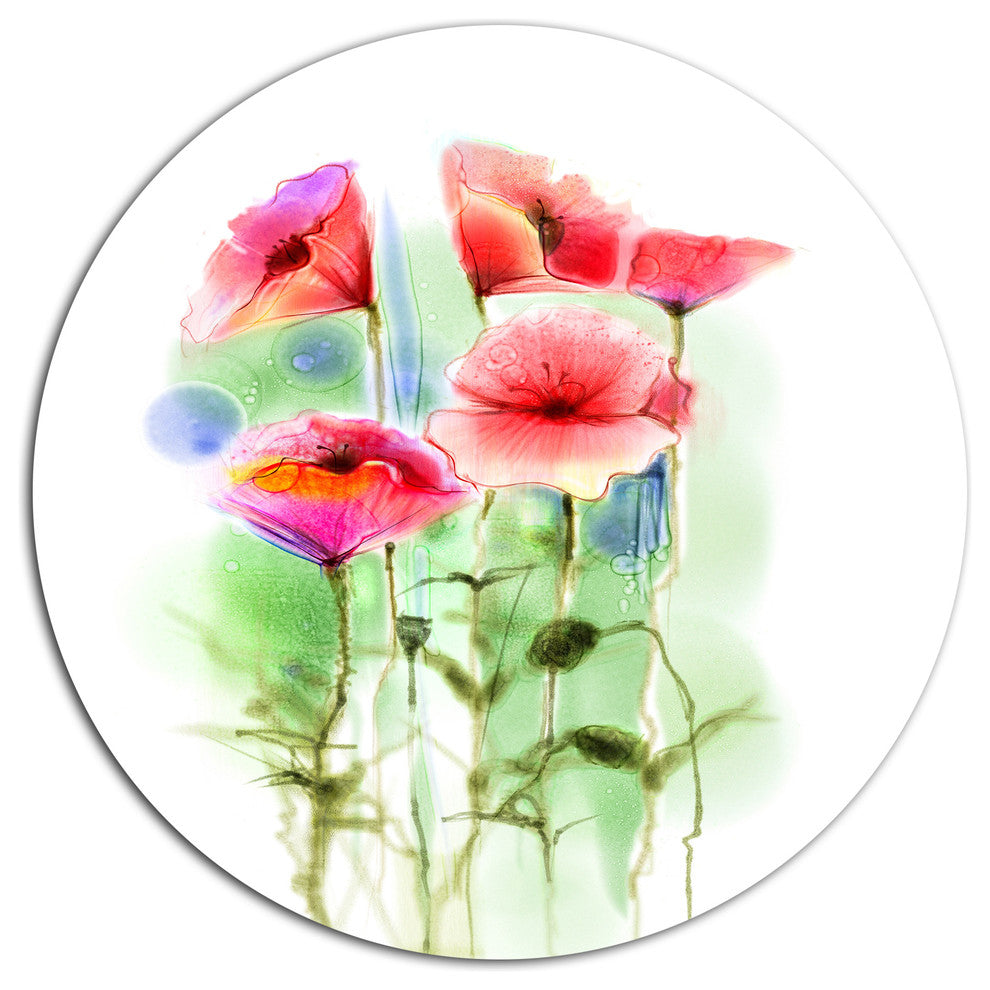Red Poppy Flowers Watercolor Sketch, Floral Round Metal Wall Art, 38"