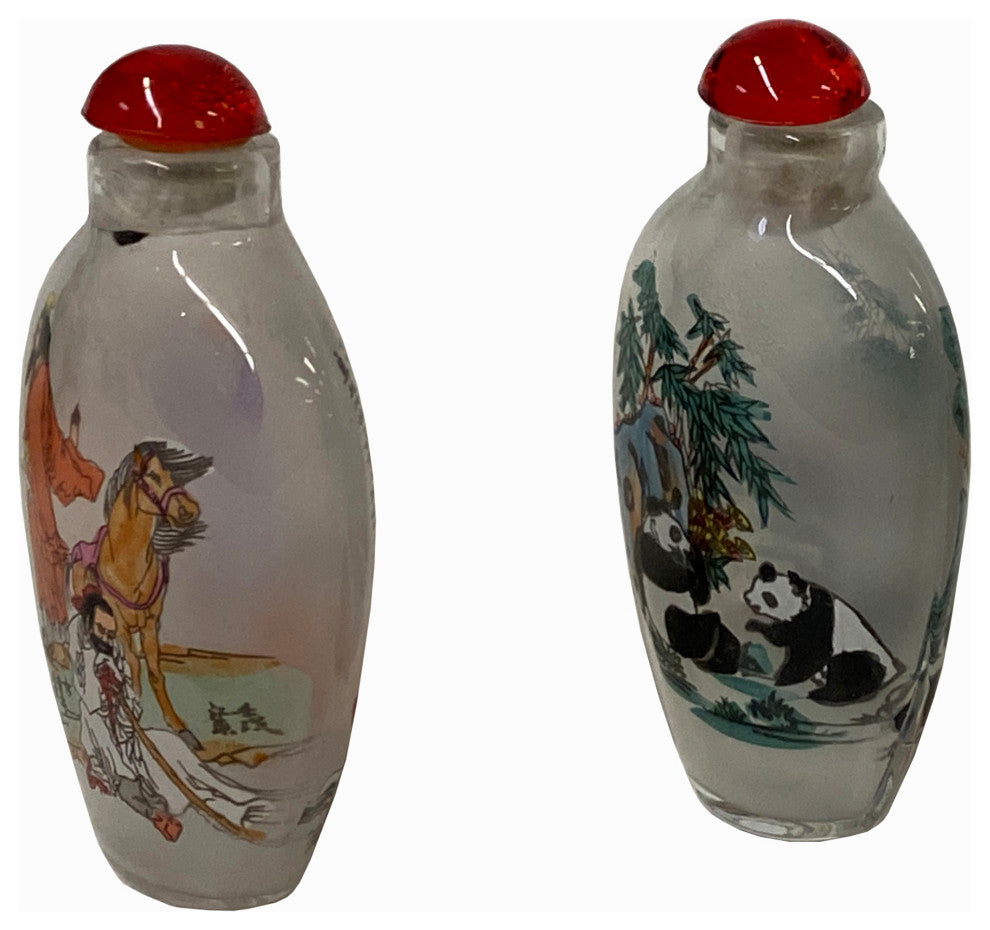 2 x Chinese Glass Snuff Bottle Scholars Pandas Graphic Hws1330