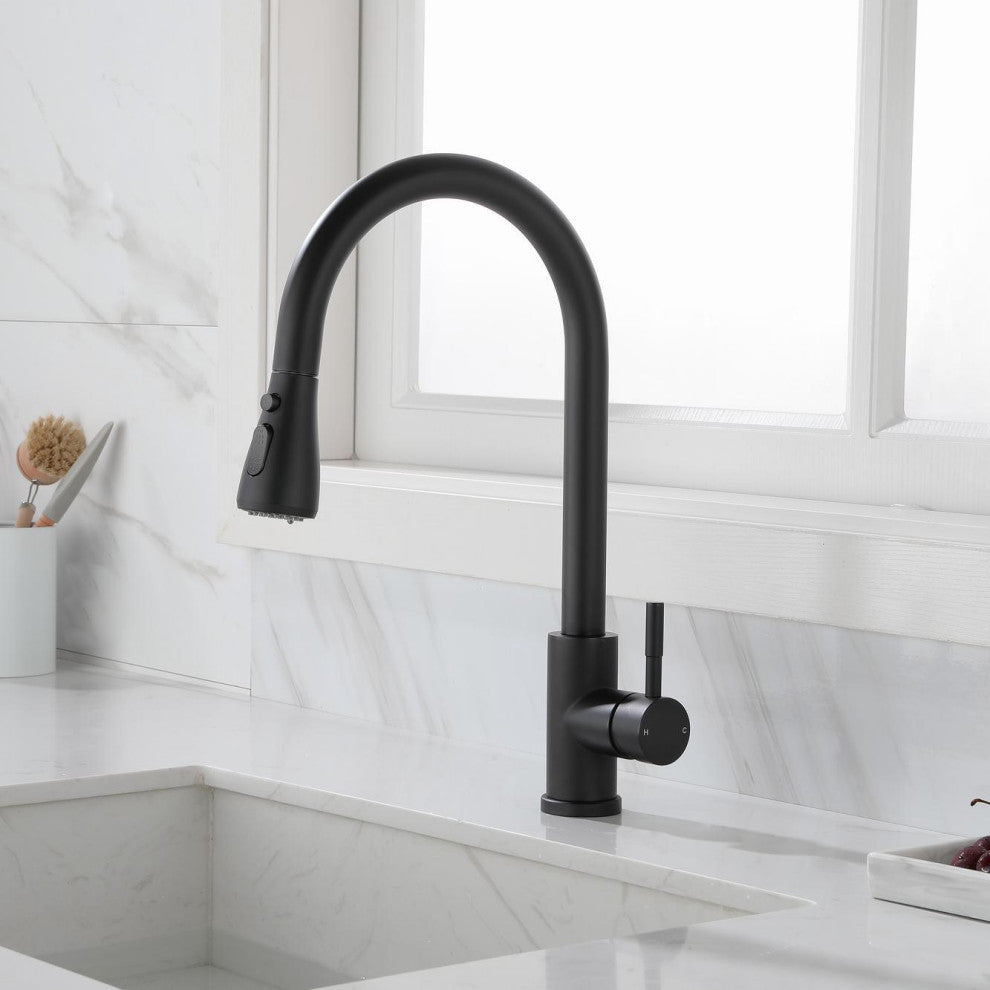Wellfor Single-Handle Pull Down Sprayer Kitchen Sink Faucet, Matte Black