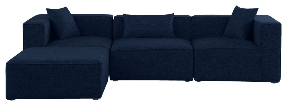 Cube Upholstered Modular Sectional, Navy, 4-Piece: 1 Armless Chair, 2 Corner Chair, 1 Ottoman, Linen Texured Fabric