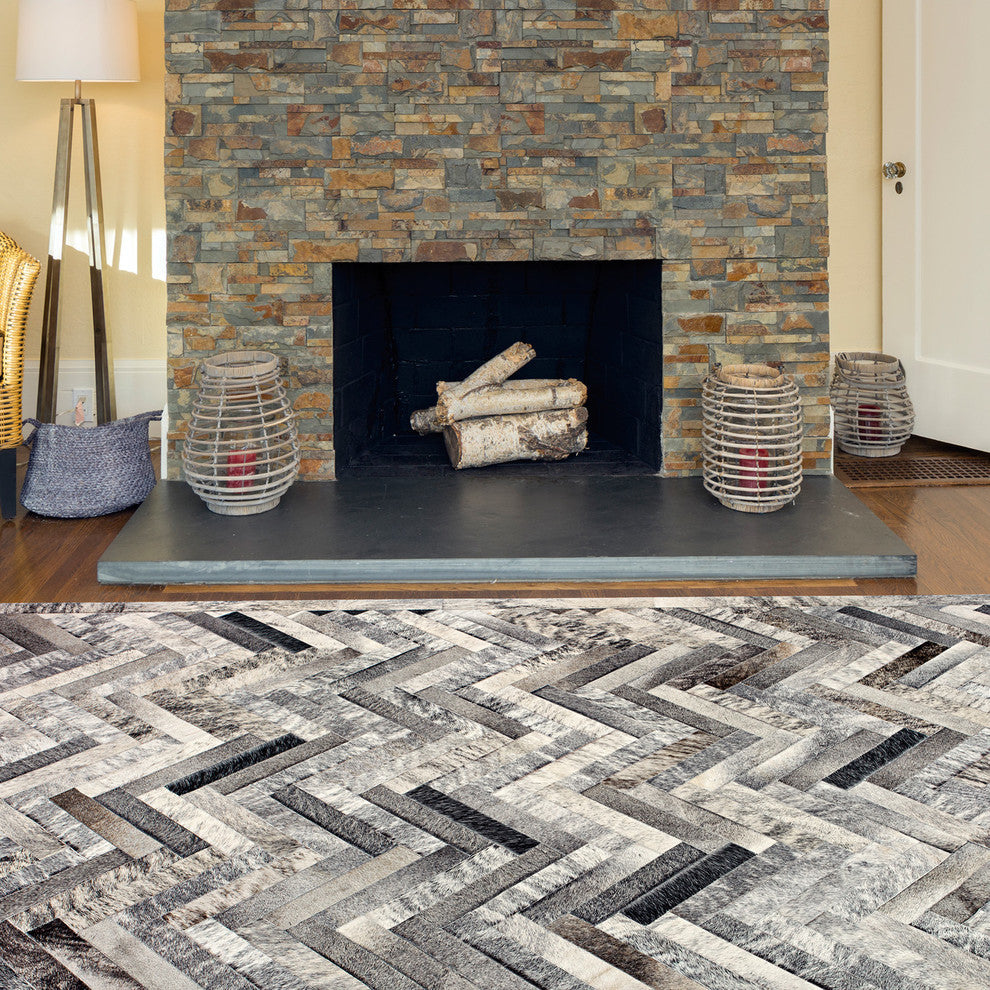 Cowhide Patchwork Rug, Plutus, Slate, 9'x12'