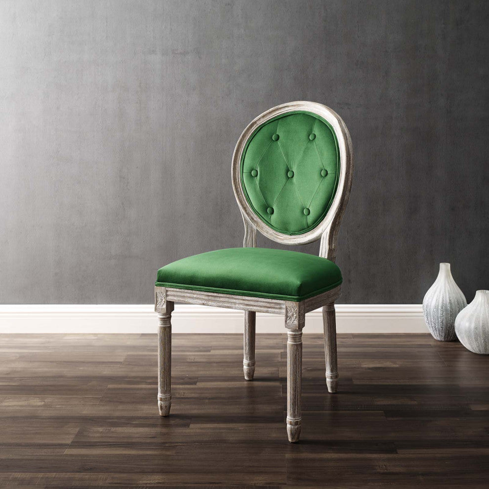 French Vintage Side Dining Chair, Velvet, Wood, Brown Natural Green, Modern
