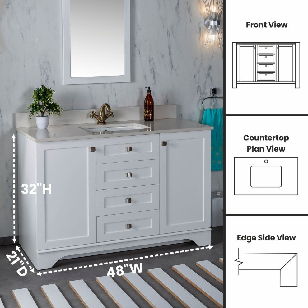 Livia Collection 48" Bath Vanity Quartz Top and Ceramic Sink, White, 48"