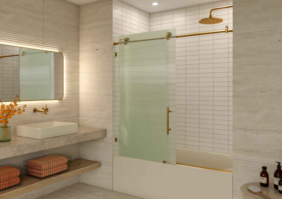 Galaxy 60"x60" Frameless Glass Sliding Bathtub Doors, Satin Brass, Right