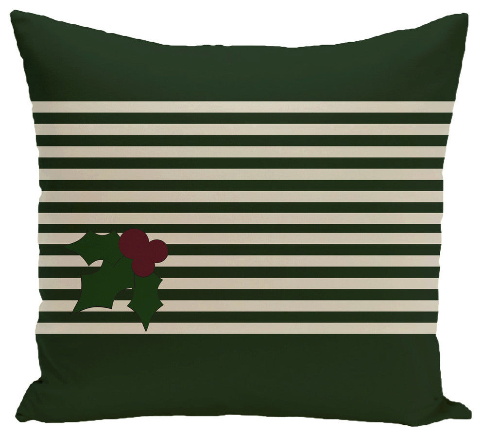 Holly Stripe, Decorative Holiday Stripe Print Pillow, Dark Green, 20"x20"
