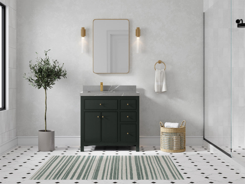 Sonoma 36 Left Offset Reeded Bath Vanity in Dark Forest Green 2" Piatra Gray
