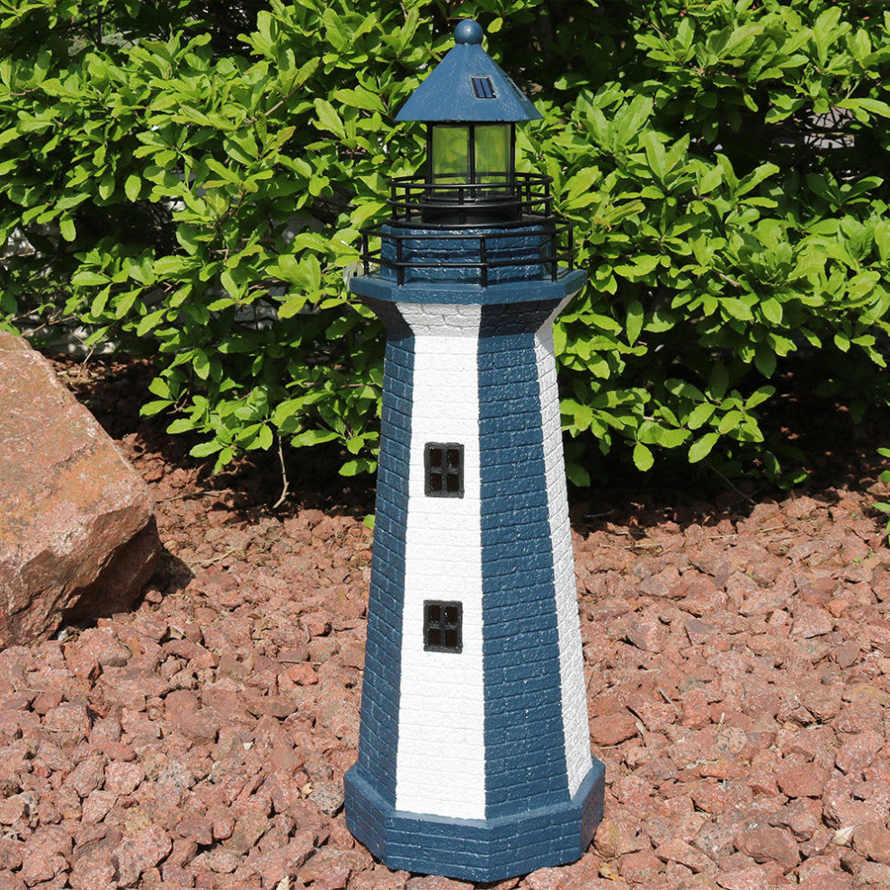 Sunnydaze Patio Solar Striped LED Lighthouse, 36", Blue Stripe