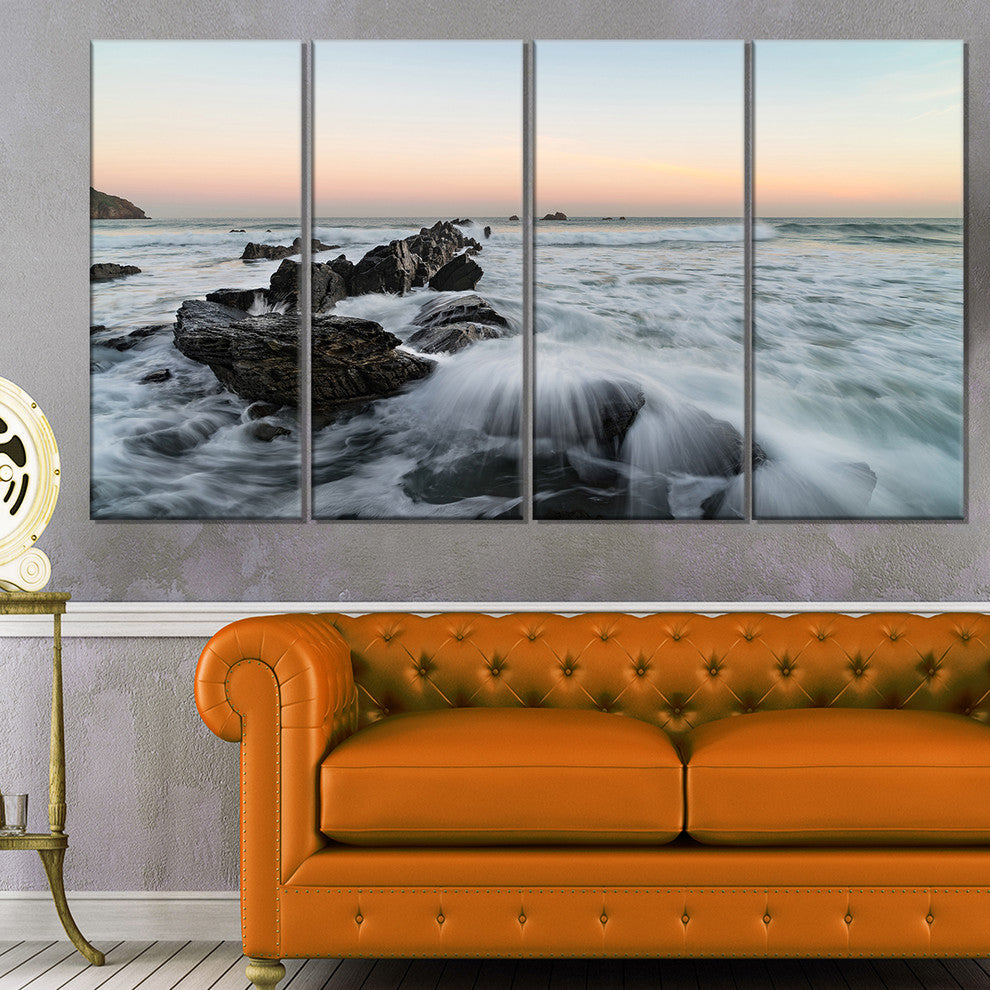 "Bay of Biscay White Waves Hitting Beach" Seascape Wall Art, 4 Panels, 48"x28"