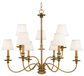 Menlo Park, Nine Light Chandelier, Aged Brass Finish, Off White Faux Silk Shade