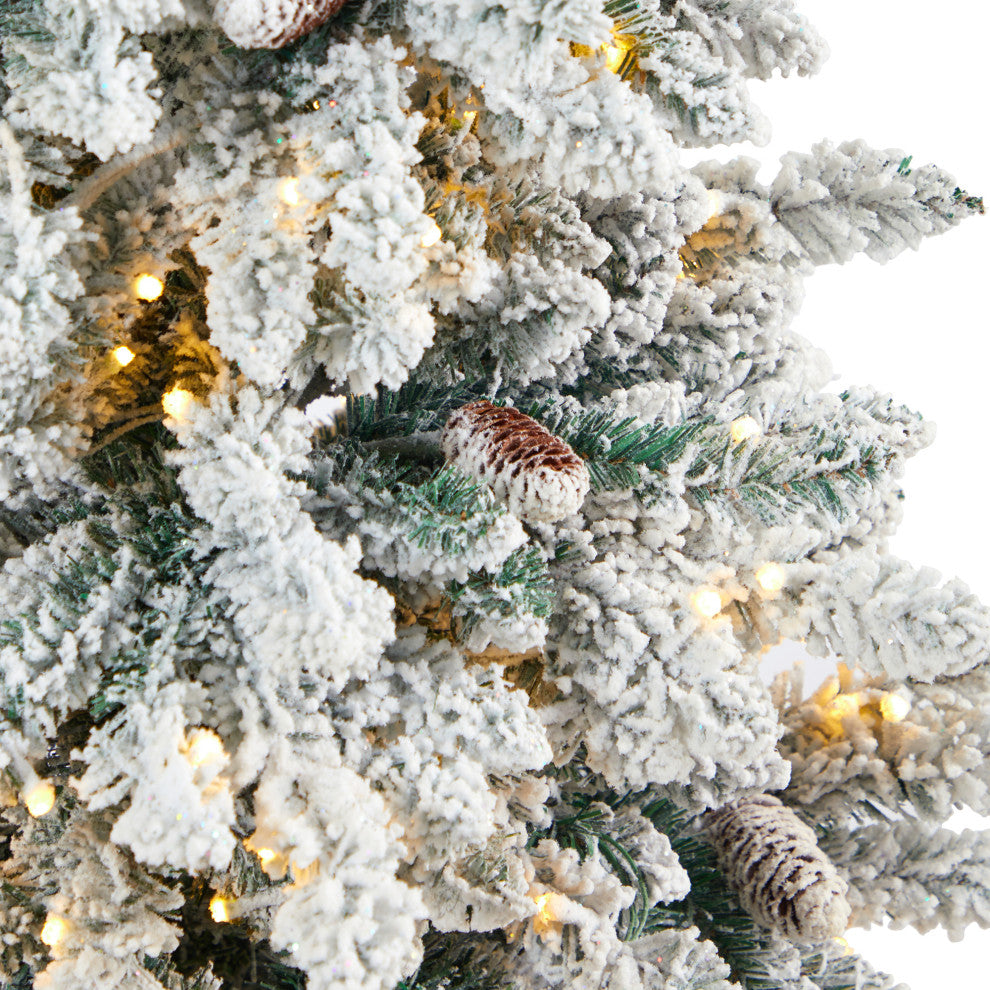 4.5' Flocked Livingston Fir Faux Xmas Tree W/Pinecones & Lights, Tall Planter