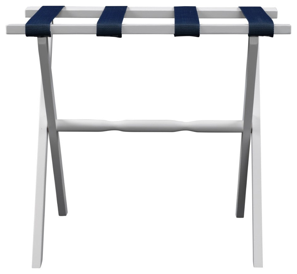 Hotel White Finish Wood Folding Luggage Rack With Navy Straps